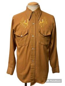 1970s ビンテージ ホースシュー 刺繍 ウエスタン シャツ メンズ S マスタード 馬蹄 ヴィンテージ xpv