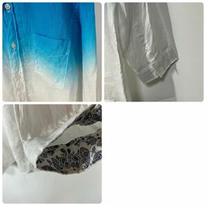DESTRAD デストラッド グラデーション ポケット ラウンドカット リネン 七分袖 シャツ 古着 ブルー ホワイト Mの画像8