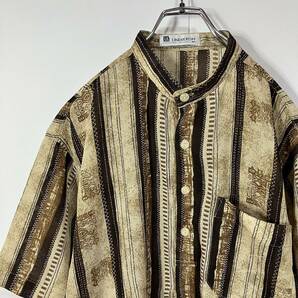 古着 ヴィンテージ アート デザイン レトロ シースルー スタンドカラー ハーフボタン ポケット 裾リブ 半袖 プルオーバー シャツ Mの画像1