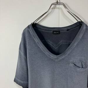 DIESEL ディーゼル 色落ち ポケット Vネック 半袖 Tシャツ 古着 ブルーグレー XL