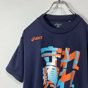 asics アシックス プリント バスケ クルーネック メッシュ ドライ 半袖 Tシャツ 古着 ネイビー M