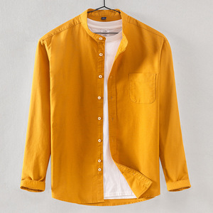 新品 綿 メンズ 立ち襟 長袖シャツ オックスフォード ワイシャツ トップス 無地 ビジネス おしゃれ 春夏/黄色です