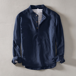 リネンシャツ 長袖　立ち襟メンズ*新品　 プルオーバー ヘンリーネック カジュアルシャツ 綿麻　夏服 トップス 紺色　XL