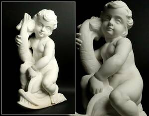  antique marble sculpture angel child image ornament 42cm 16.5g era old .[L13..]