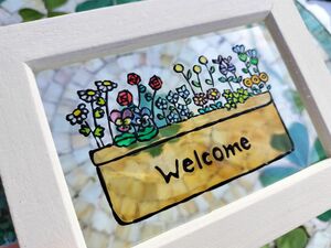 送料無料* ステンドグラス風フレーム*テラコッタのお花のwelcome･ハンドメイド♪ 