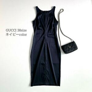  beautiful goods Gucci GUCCI navy silk no sleeve One-piece black no sleeve dress One-piece navy blue tight 38