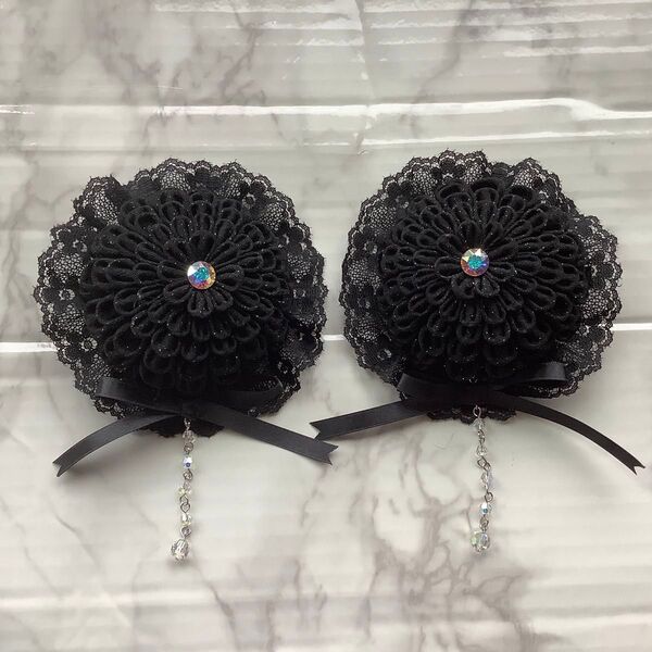 ハンドメイドつまみ細工 髪飾り ヘアクリップ 黒 ブラック 2点セット お団子カバー チャイナ
