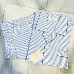  postage 520 jpy * men's pyjamas long sleeve & long trousers top and bottom set *M size * blue check pattern 