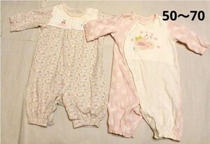 【セット】ベビー　女の子　ロンパース　50～70　キムラタン　長袖　ピンク　花柄　刺繍
