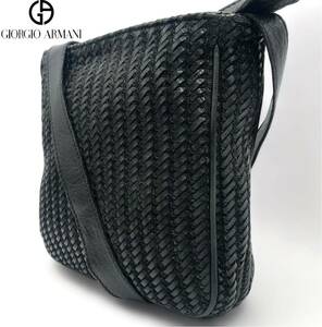 極美品/最高級ライン◎GIORGIO ARMANI ショルダーバッグ レザー 黒 ブラック メッセンジャー サコッシュ メンズ ビジネス アルマーニ 鞄