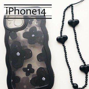 iPhone14 フラワー 花柄 ブラック クリア ウェーブ かわいい　アイフォンケース　iphone14ケース　新品　送料込み