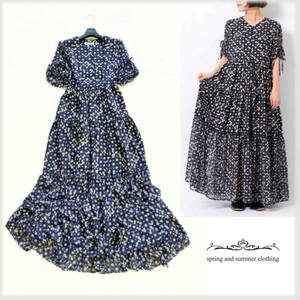 新品同様♪未使用 *＊ MILKFED. ミルクフェド ＊* 素敵…☆TIERED DRESS 花柄風＆ドット マキシ丈 ティアード ワンピース♪ネイビー QY