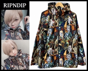 送無 極美品 RIPNDIP リップンディップ NERMAISSANCE HOODED JACKET 総柄 ネコ 猫 マウンテン ジャケット パーカー フーデッド L