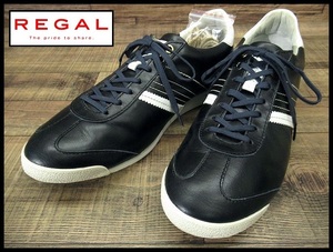 送無 美品 替え紐付 REGAL リーガル 62ER 本革 艶革 レザー ローカット スニーカー 軽量 カジュアル シューズ ライン入 黒 ブラック 27.0cm