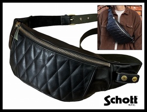 ■ 使用感の少ない美品 Schott ショット PADDED BODY BAG 本革 牛革 カウ レザー パデッド ボディー ウエスト ショルダー バッグ 黒