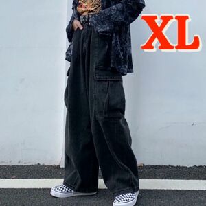 ワイドカーゴパンツ オールブラック XL デニム 男女兼用 ストリート