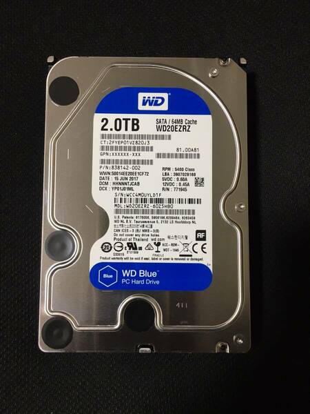 【送料無料】極美品★ 2TB ★　WD Blue　/　WD20EZRZ　【使用時間：248ｈ】3.5インチ内蔵HDD　Western Digital Blue SATA