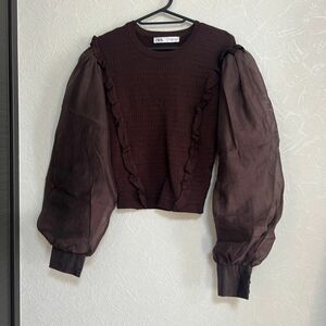 美品　ZARA ザラ　パフスリーブニット　ブラウン　M