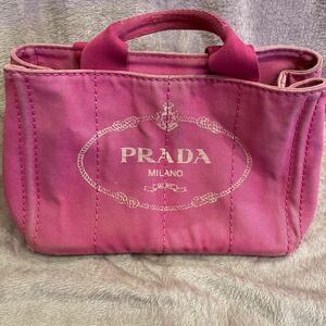 PRADA キャンバス 三角プレート 中古、難アリ、プラダ カナパ ピンク