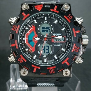 HPOLW SPORT スポーツ FS-628 デジアナ 腕時計 ブラック ビッグフェイス レッド ラバーベルト ステンレス 新品電池交換済み 動作確認済みの画像2