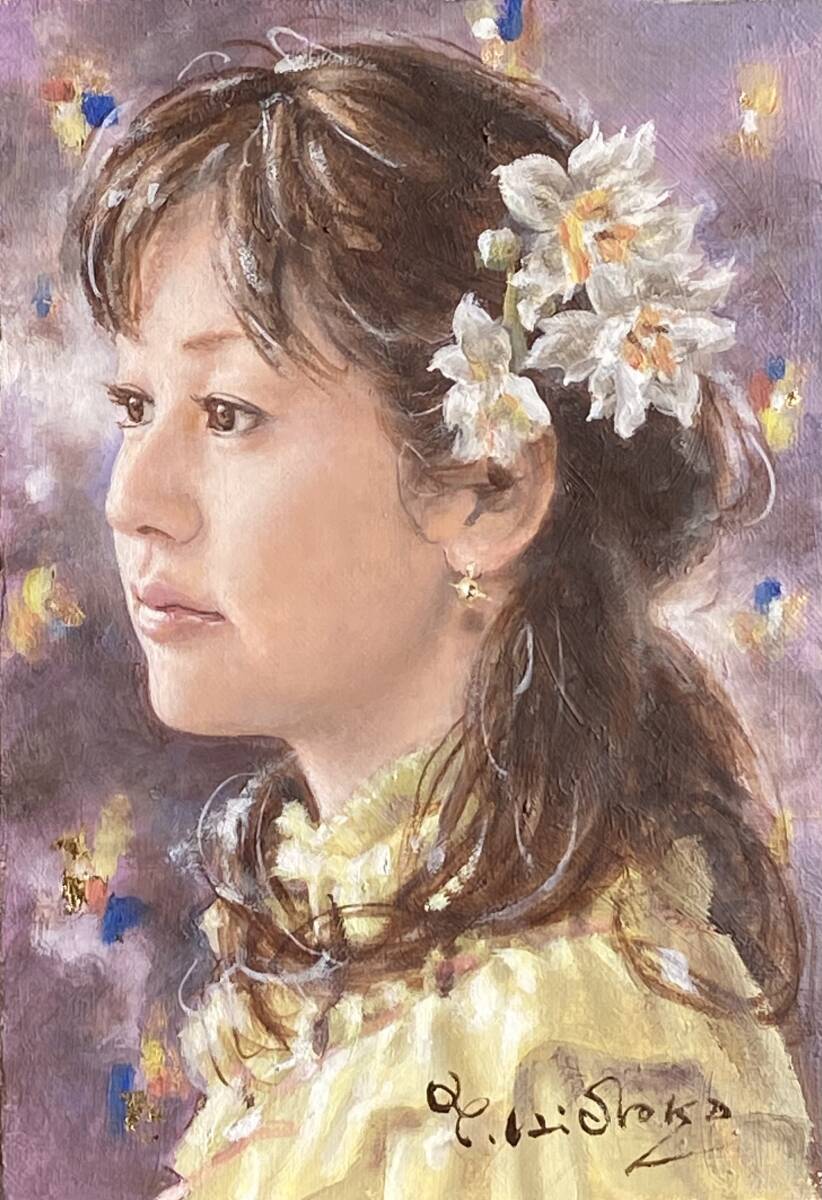 Genuine work ☆ Yasushi Hidaka ☆ A statue of a woman with a kind face ☆ Oil painting Yu Thumbhole (16 x 23 cm) Frame (27 x 33.5 cm) ☆ Shimiya Naga ☆ Authenticity guaranteed ☆, painting, oil painting, portrait