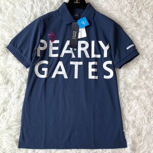 ◆新品未使用品・大きいサイズ◆パーリーゲイツ PEARLY GATES ポロシャツ 襟付 ロゴ 刺繍 日本製 ネイビー 6 XL ゴルフ 夏向け メンズ 