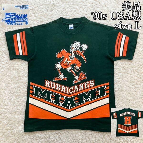 美品 90s USA製 MIAMI HURRICANES Tシャツ L SALEM マイアミハリケーンズ セーラム 袖裾シングル ヴィンテージT