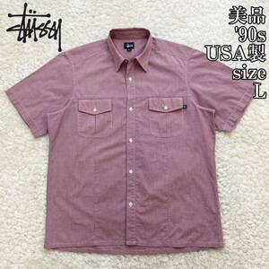 美品 90s USA製 OLD STUSSY 半袖シャツ L 紺タグ オールドステューシー チェックシャツ