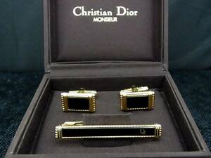 ■美品■№0292 【Dior】ディオール ネクタイ【ゴールド・ブラック】■カフス＆ネクタイピン タイピン セット♪