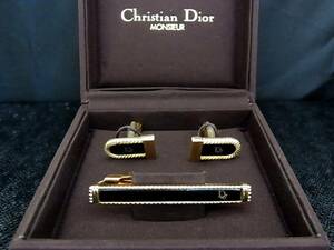 ■美品■№0312 【Dior】ディオール ネクタイ【ゴールド・ブラック】■カフス＆ネクタイピン タイピン セット♪