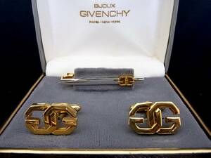 ■新品N■№0201 ジバンシイ「ロゴ柄」【GIVENCHY】【ゴールド・シルバー】■カフス＆ネクタイピン タイピン セット♪