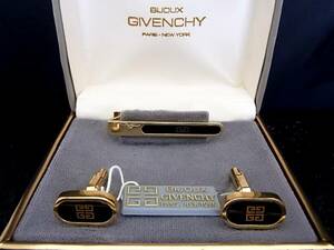 ■新品N■№0209 ジバンシイ「ロゴ柄」【GIVENCHY】【ゴールド・ブラック】■カフス＆ネクタイピン タイピン セット♪