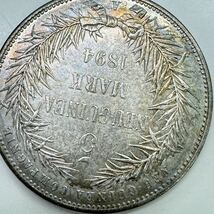 415-1　ドイツ銀貨　ドイツ領ニューギニア極楽鳥　5マルク銀貨　1894年　総重量約27.89g　直径約38.08mm_画像6