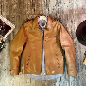 復刻デザイン ヴィンテージ カウレザー シングルライダースジャケット カフェレーサー S～2XL キャメル 革ジャン