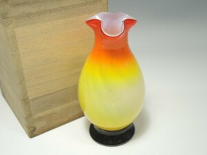 638/○古い花瓶 花入 フリルガラス オレンジ 黄色 華道具 気泡 昭和レトロ アンティーク 大正ロマン 骨董 木箱付