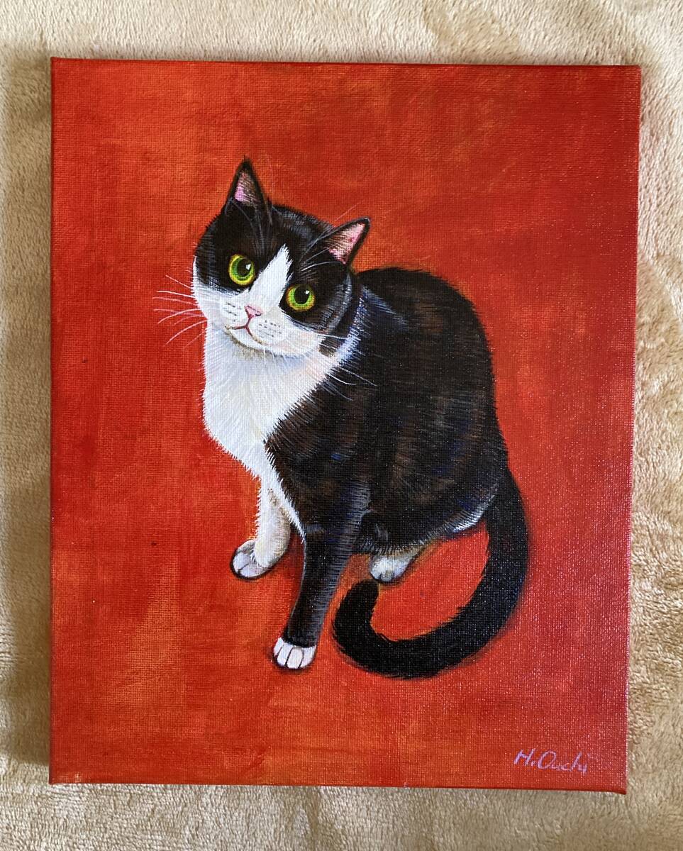 흑백 하치와레 고양이 그림 아크릴 그림 고양이 인테리어 정품 458, 그림, 오일 페인팅, 동물 그림