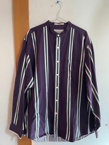 JOHN ASHFORD SPORT ストライプシャツ ノーカラーシャツ stripe shirt 紫色 長袖シャツ 古着
