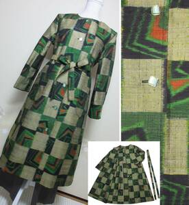  kimono remake spring coat ko-ti gun green series pongee silk M~L size left right patch pocket have ribbon cord belt attaching front opening One-piece 