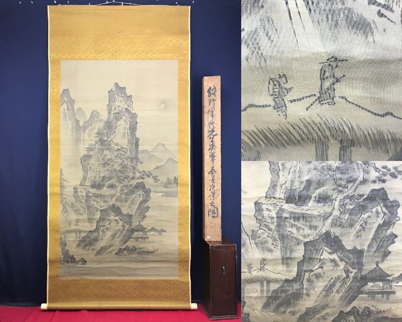 Genuine work / Tsunenobu Kano / Night view of the tower / Landscape / Large scale / Hanging scroll ☆ Treasure ship ☆ AF-283, painting, Japanese painting, landscape, Fugetsu