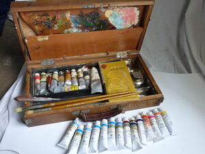  oil color set *KUSAKABE/Holbein/ tree box case / writing brush / trowel / Palette 