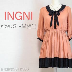 【送料無料】INGNI(イング)リボンタイ　バイカラー　七分袖ミニワンピース　ウエストゴム入り　M