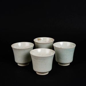 【後】HH016 青白磁暗刻花卉文杯4点 古美術 骨董品 古玩 時代物 古道具 中国美術品 朝鮮美術品 日本美術品