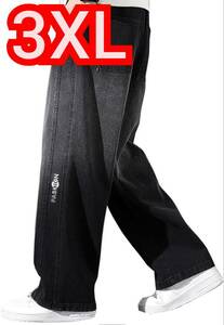 送料無料 ジーンズ ブラック 3XL メンズ ワイドデニム パンツ バギーパンツ 紐調整 大きいサイズ ゆったり カジュアル ズボン デニム 新品