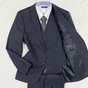 美品/SUIT SELECT/スーツセレクト セットアップスーツ スリーピース ジャケット シルク混 絹 ストライプ 黒 ブラック