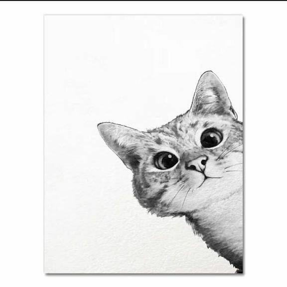 猫　シンプル　アートポスター　インテリア　リビング　玄関　トイレ　キッチン　ディスプレイ　ネコ好きのための　可愛い表情　モノトーン