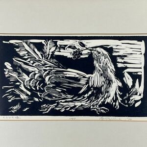 真作■木版画■飯島俊■『たおれた鳩』■1980年■ORIGINAL WOODBLOCK PRINT■額付絵画　2ｂ