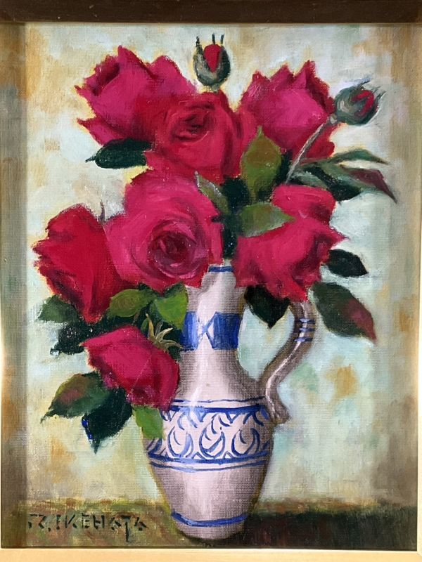 Authentic work ■Oil painting■Riichi Ikebata■``Red Rose'' ■Special flower work■Former standing committee member of Daichochokai ■Master: Akira Uchida ■Framed painting 1b, painting, oil painting, still life painting