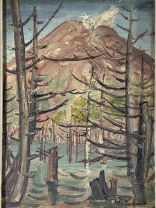 真作■油彩■等々力巳吉■『焼岳』■1893-1959 従軍画家 山景逸品■清朝歴史画制作、一水会会員■時代を感じる逸品■2a