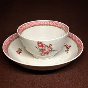 B super-rare! new hole antique tea * bowl & saucer hand paint fami-yu* rose 1790 year about 