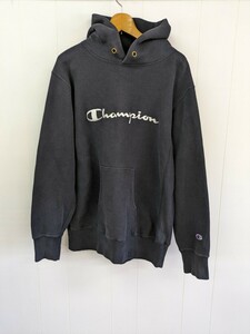 Champion リバースウィーブ スウェット パーカー ブラック XL 青単色タグ　復刻　チャンピオン プルオーバー　刺繍ロゴ　オーバーサイズ